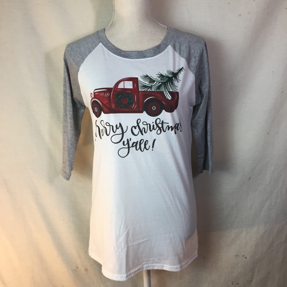 Merry Christmas Yall Truck 3/4 Sleeve Baseball Tee